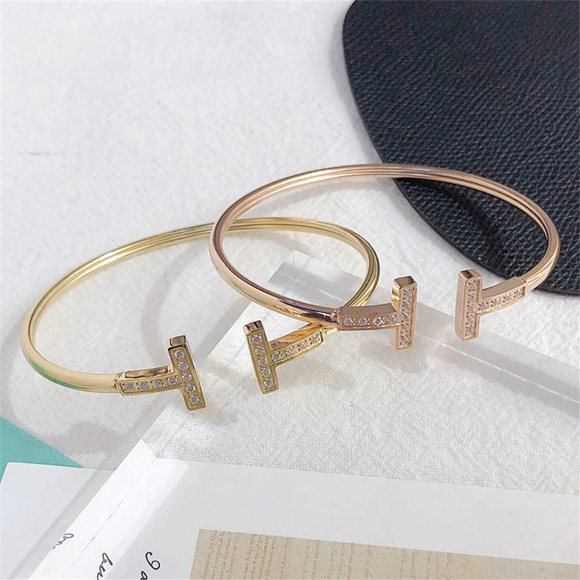 Tiffany&Co 18k gold plated Hinged T bracelet Style bangle